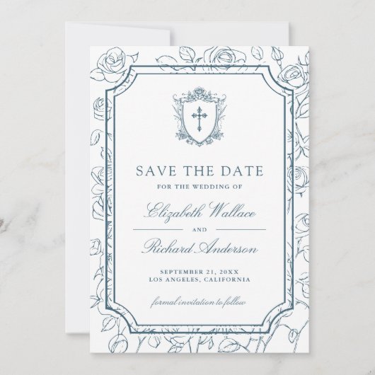 Victorian White and Dusty Blue Catholic Wedding Save The Date (Voorkant)