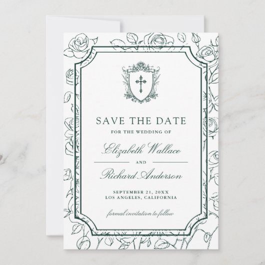 Victorian White and Emerald Green Catholic Wedding Save The Date (Voorkant)