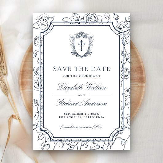 Victorian White and Navy Blue Catholic Wedding Save The Date