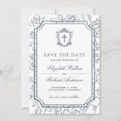 Victorian White and Navy Blue Catholic Wedding Save The Date (Voorkant)
