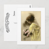 Victorian woman pink roses, romantic briefkaart (Voorkant / Achterkant)