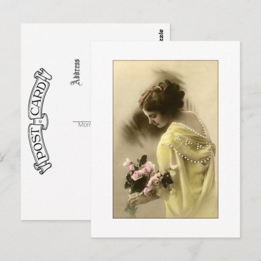 Victorian woman pink roses, romantic briefkaart (Voorkant / Achterkant)