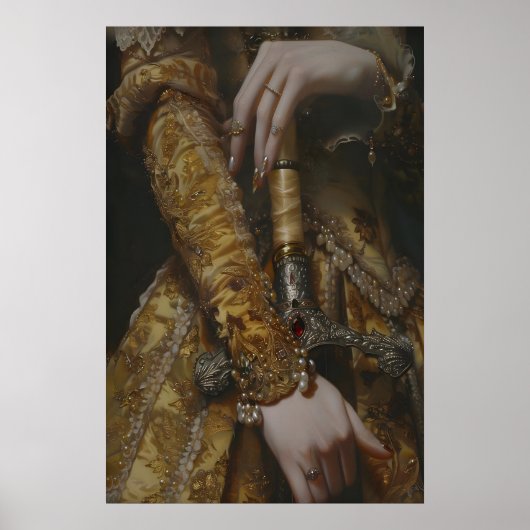 Victorian Woman with Sword in Gold Gown Medieval Poster (Voorkant)