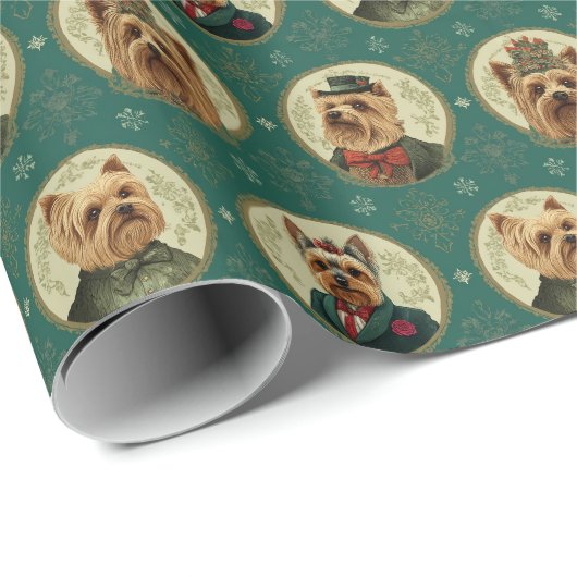Victorian Yorkie Christmas Portraits on Emerald Gr Cadeaupapier (Rol Hoek)