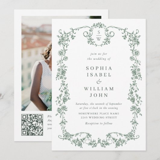 Victorische sierlijke groene QR-code Huwelijksfoto Kaart (Voorkant / Achterkant)
