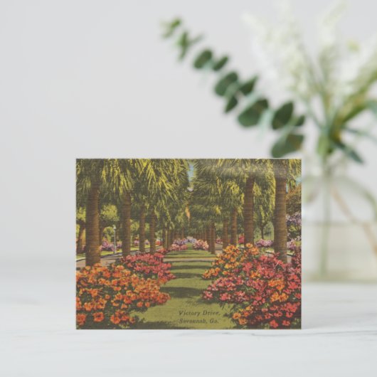 Victory Dr. Azaleas Palm Trees Savannah GA retro Briefkaart (Staand voorkant)