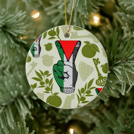 Victory Sign Hand Resistance Red Triangle Symbol Keramisch Ornament (Boom)