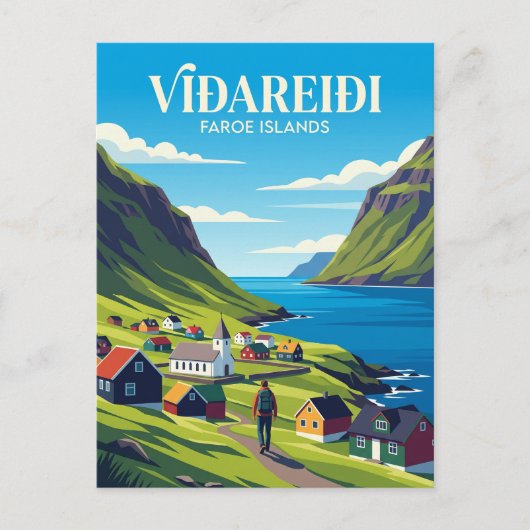 Viðareiði dorp Faeröer eilanden Briefkaart (Voorkant)