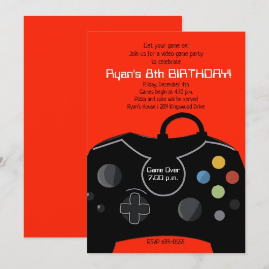 Video game Birthday Boys Uitnodiging Bright rood (Voorkant / Achterkant)