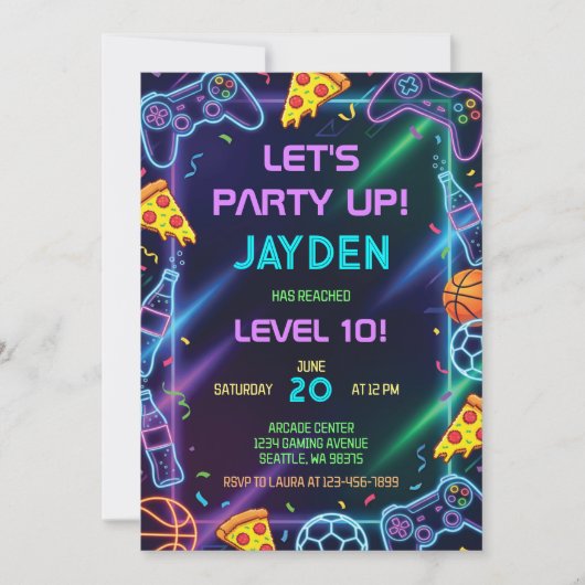 Video Game Birthday Invitation, Neon Gaming Party Kaart (Voorkant)