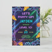 Video Game Birthday Invitation, Neon Gaming Party Kaart (Staand voorkant)