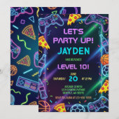 Video Game Birthday Invitation, Neon Gaming Party Kaart (Voorkant / Achterkant)
