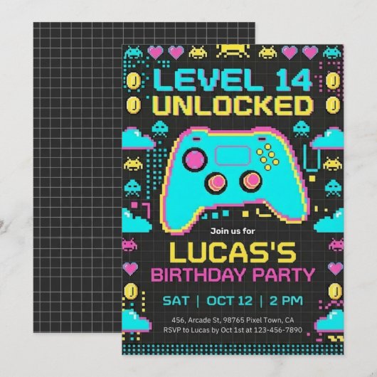 =Video Game Birthday Invitation Pixel Gamer Party Kaart (Voorkant / Achterkant)
