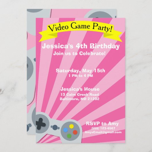 Video Game Birthday Party Uitnodiging (Voorkant / Achterkant)