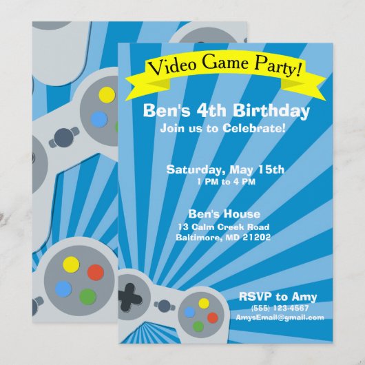 Video Game Birthday Party Uitnodiging (Voorkant / Achterkant)