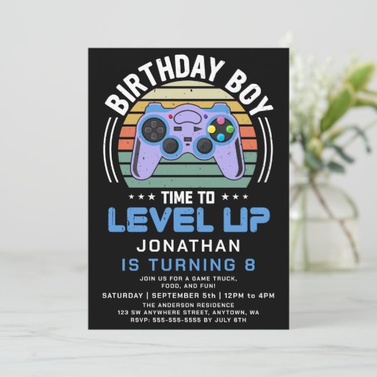 Video game Birthday Party - uitnodiging op niveau  (Staand voorkant)