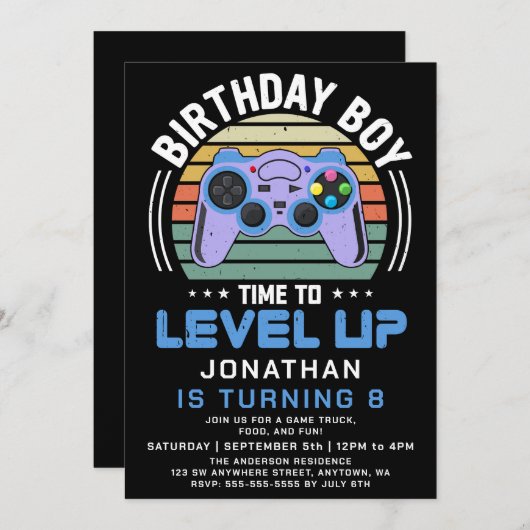 Video game Birthday Party - uitnodiging op niveau  (Voorkant / Achterkant)