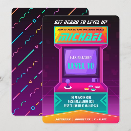 Video game Birthday Uitnodiging, Retro Arcade Kaart (Voorkant / Achterkant)