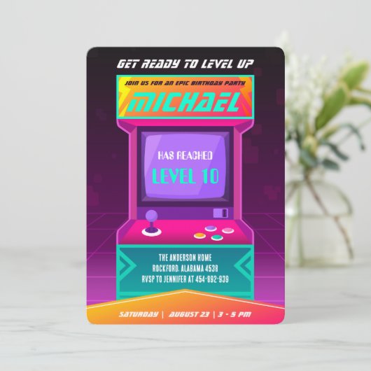 Video game Birthday Uitnodiging, Retro Arcade Kaart (Staand voorkant)