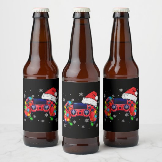 Video Game Controller Christmas Santa Hat Gamer Bo Bier Etiket (Flessen)