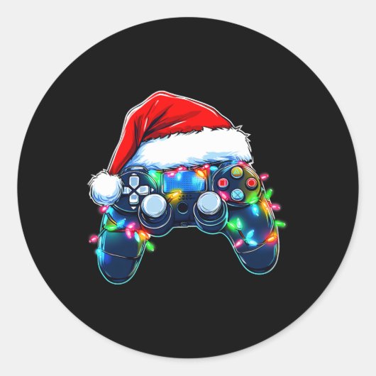 Video Game Controller Kerstman Kerstmuts Gamer Bo Ronde Sticker (Voorkant)