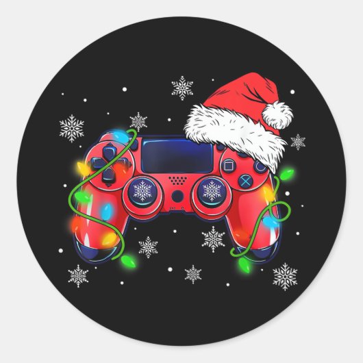 Video Game Controller Kerstmis Kerstman Hoed Gamer Ronde Sticker (Voorkant)