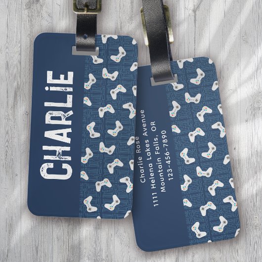 Video Game Controller Monogram Naam Blauw Bagagelabel