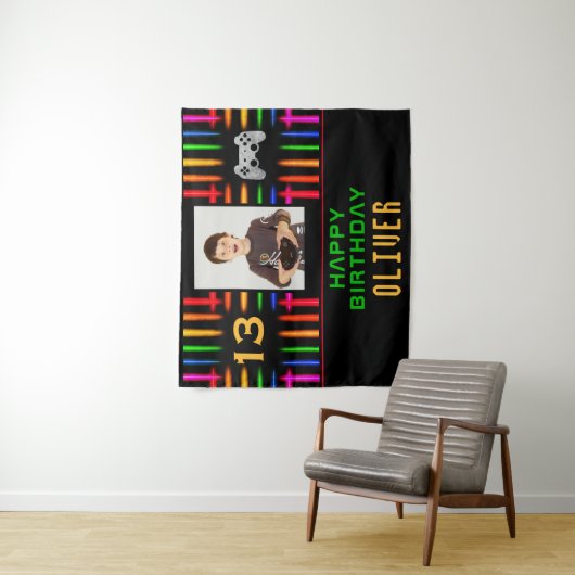 Video Game Controller Neon Foto Verjaardagsfeestje Wandkleed (In situ)