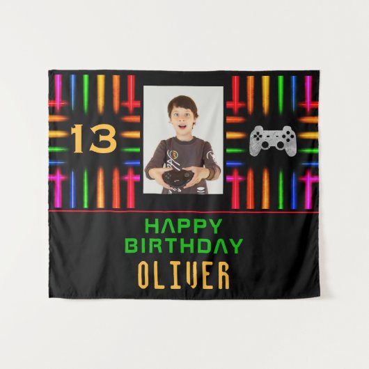 Video Game Controller Neon Foto Verjaardagsfeestje Wandkleed (Voorkant (horizontaal))