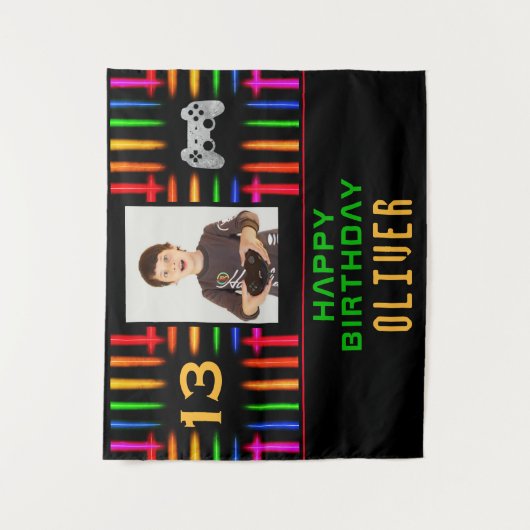 Video Game Controller Neon Foto Verjaardagsfeestje Wandkleed (Voorkant)