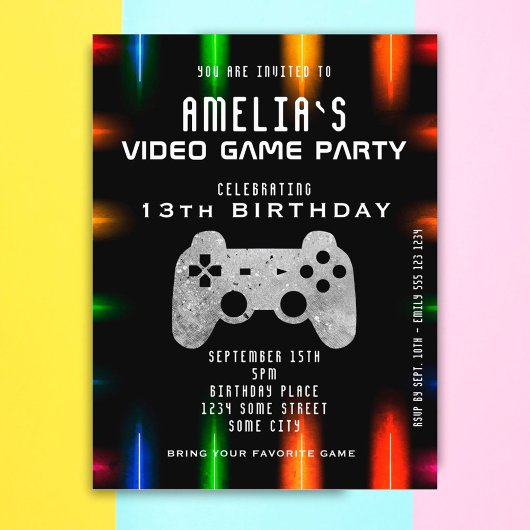 Video Game Controller Neon Gaming Birthday Uitnodiging Briefkaart