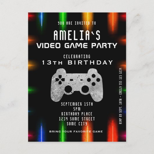 Video Game Controller Neon Gaming Birthday Uitnodiging Briefkaart (Voorkant)