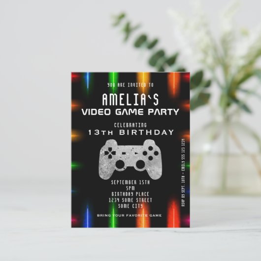 Video Game Controller Neon Gaming Birthday Uitnodiging Briefkaart (Staand voorkant)