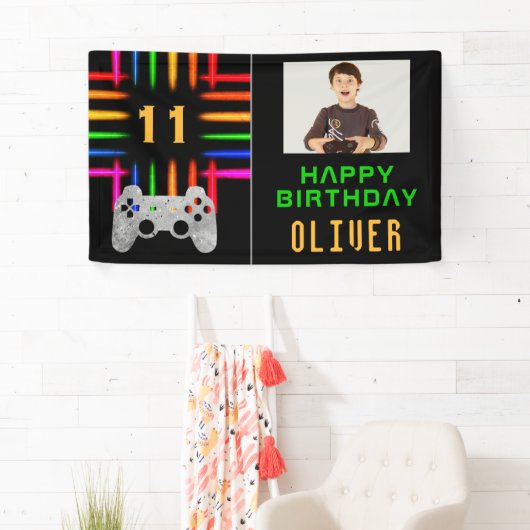 Video Game Controller Neon Gaming Verjaardag Foto Spandoek (Insitu)