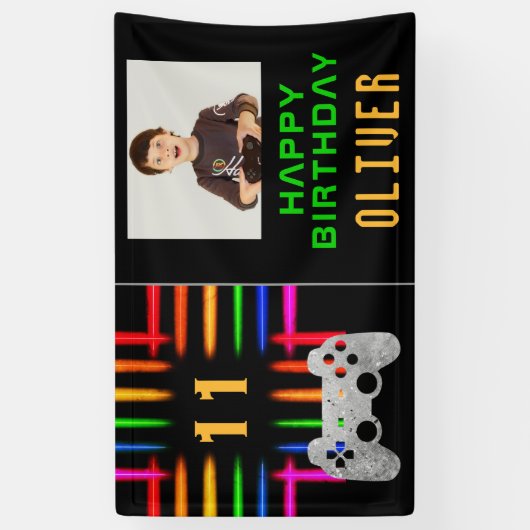 Video Game Controller Neon Gaming Verjaardag Foto Spandoek (Verticaal)