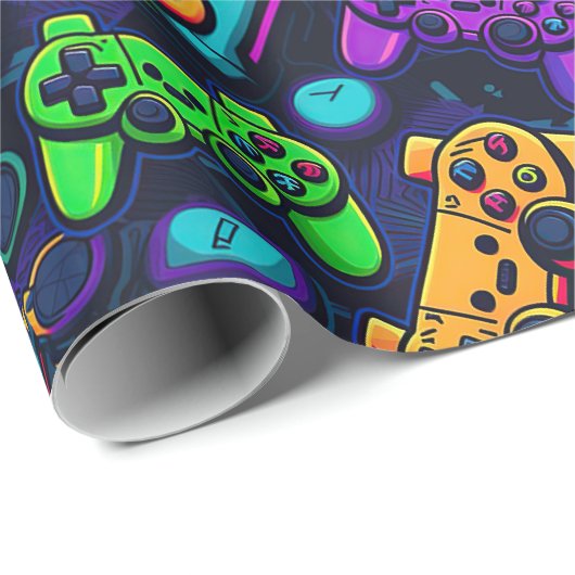 Video game controllers neon cadeaupapier (Rol Hoek)