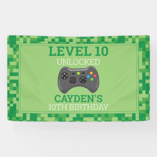 Video Game Game On Verjaardagsfeestje Groene Pixel Spandoek (Horizontaal)