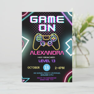 Video Game Gamer Meisje Neon Verjaardag Uitnodigin Kaart