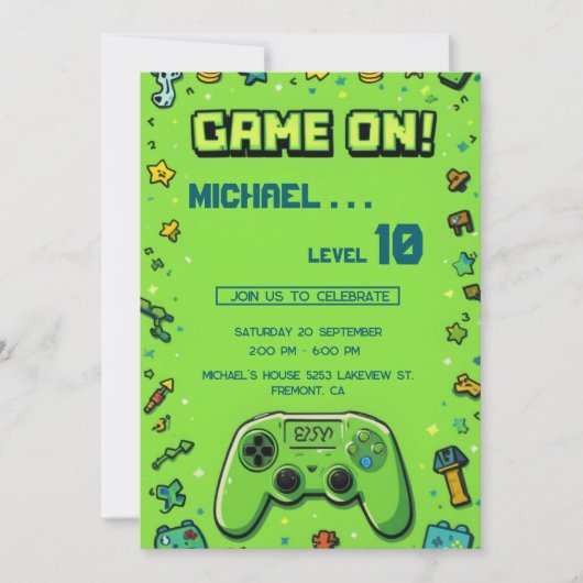 Video Game Green Kids Birthday Party Invitation Feestdagenkaart (Voorkant)