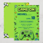 Video Game Green Kids Birthday Party Invitation Feestdagenkaart (Voorkant / Achterkant)