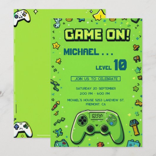 Video Game Green Kids Birthday Party Invitation Feestdagenkaart (Voorkant / Achterkant)