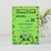 Video Game Green Kids Birthday Party Invitation Feestdagenkaart (Staand voorkant)
