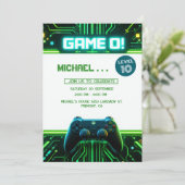 Video Game Green Kids Birthday Party Invitation Feestdagenkaart (Staand voorkant)
