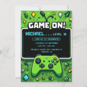 Video Game Green Kids Birthday Party Invitation Feestdagenkaart (Voorkant)