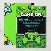 Video Game Green Kids Birthday Party Invitation Feestdagenkaart (Voorkant / Achterkant)