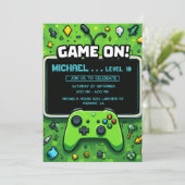 Video Game Green Kids Birthday Party Invitation Feestdagenkaart (Staand voorkant)