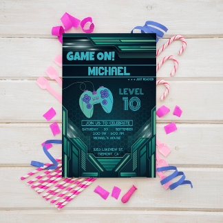 Video Game Green Kids Birthday Party Invitation Kaart