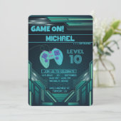 Video Game Green Kids Birthday Party Invitation Kaart (Staand voorkant)