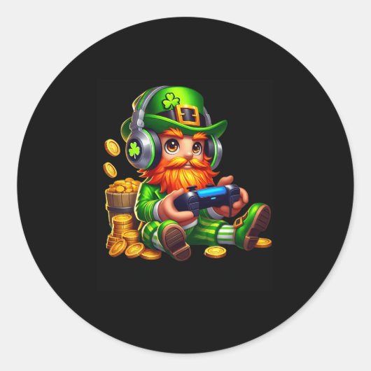Video Game Kabouter St. Patrick's Dag Gamer Kinder Ronde Sticker (Voorkant)