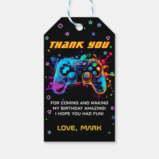 Video Game Level Up Arcade Verjaardag Dank u Cadeaulabel (Achterkant)
